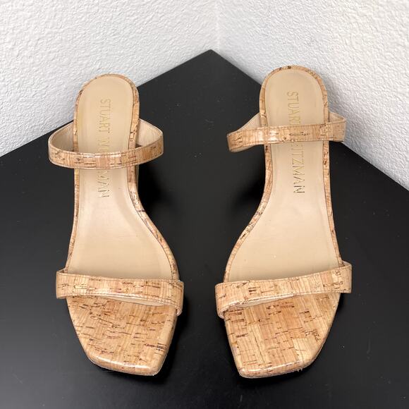 Stuart Weitzman Cork Wedge Sandals 9.5 Women’s Slip-On Strappy Nude Summer Heel - Picture 2 of 10